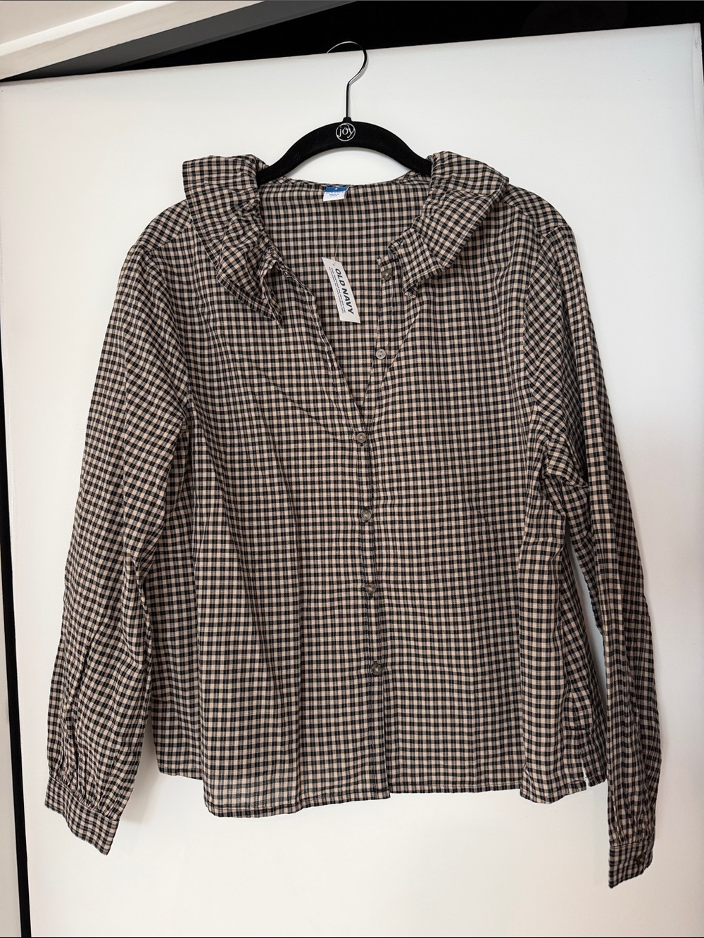Old Navy Plaid Ruffle Collar Button-Up Shirt - Black & Tan